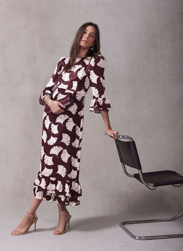 Burgundy Leaf Print Midi Dress