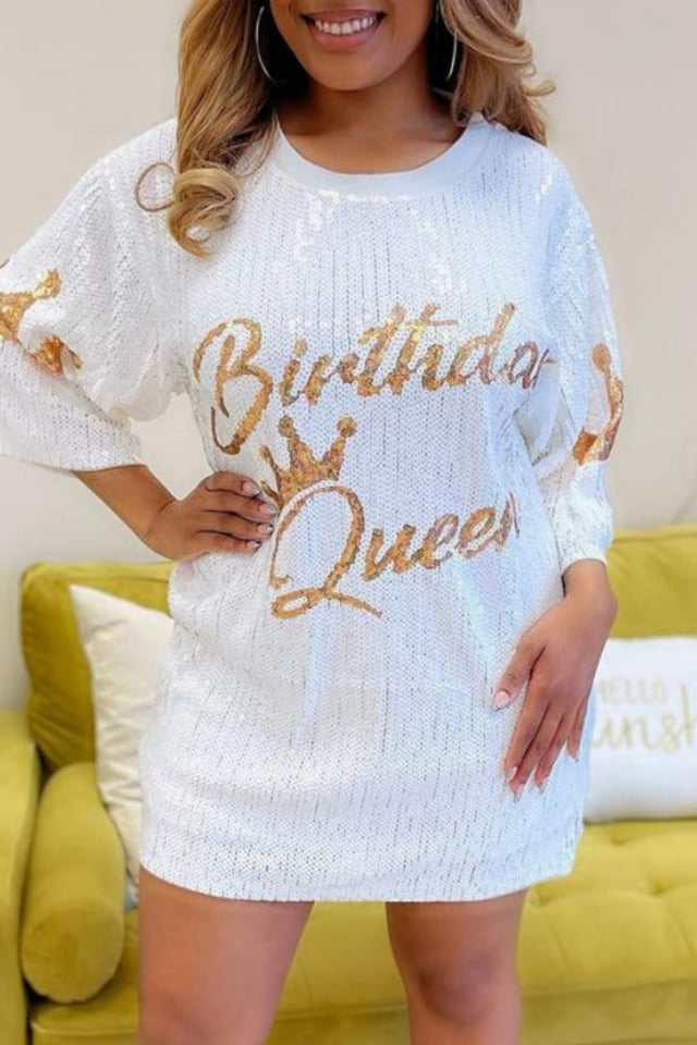 White Casual Patchwork Sequins O Neck Dresses
