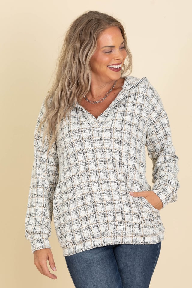 Cream and Black Boucle Hooded Top
