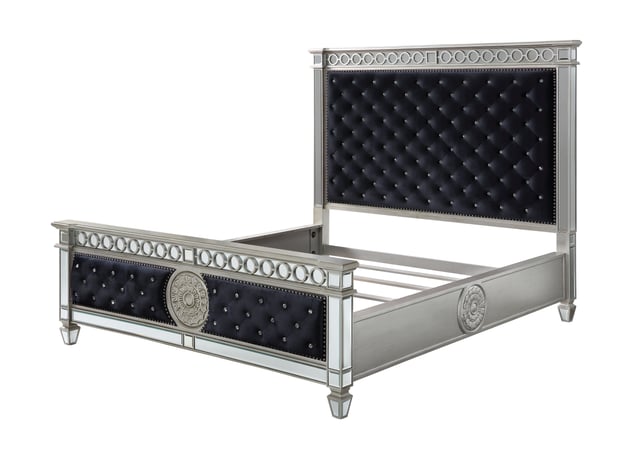 ACME Varian Queen Bed, Dark Navy Velvet & Mirrored