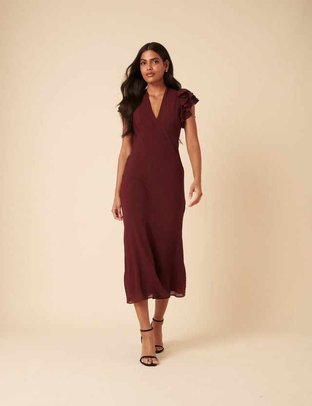 Brown Frill Sleeve Layla Midi Dress
