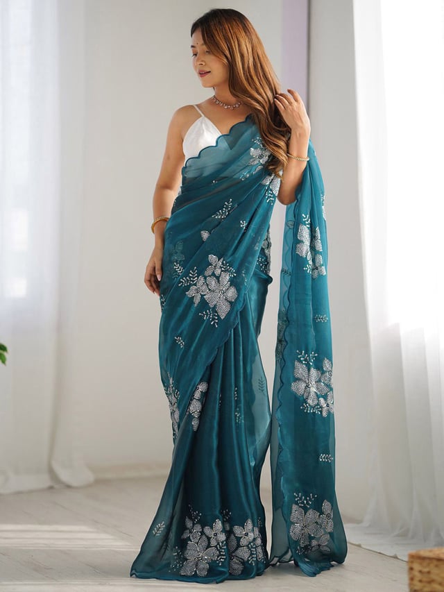Anouk Floral Beads and Stones Organza Saree