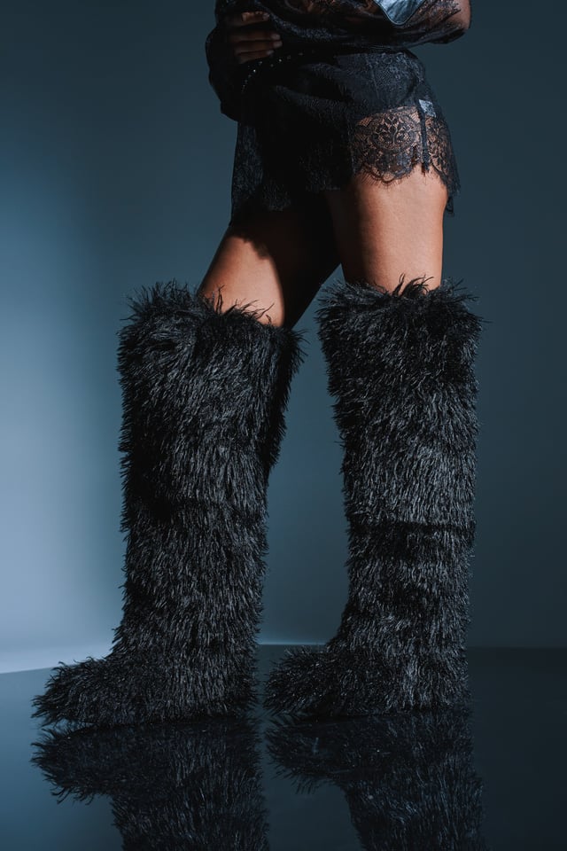 AZALEA WANG TEMPLETON BLACK POODLE FUR OVER THE KNEE BOOT