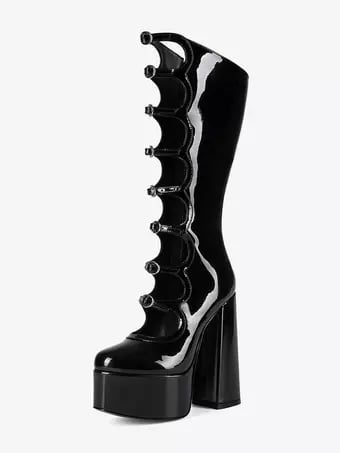 Black Knee High Boots Platform Round Toe Buckle Detail Chunky Heel Boots