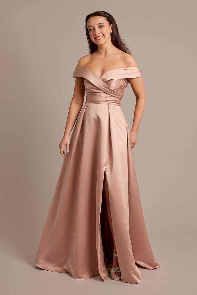 Satin Off-the-Shoulder Ball Gown Dress