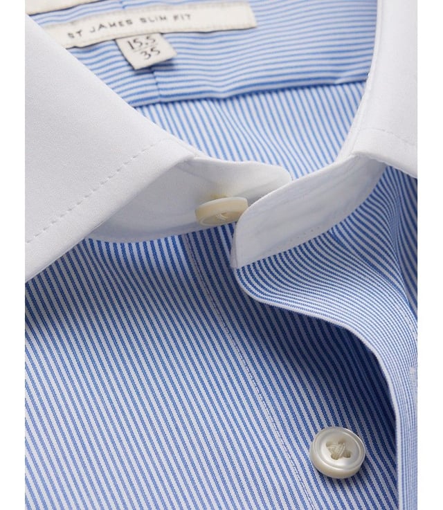 Non-Iron Blue & White Fine Stripe Slim Shirt With White Collar & Cuffs