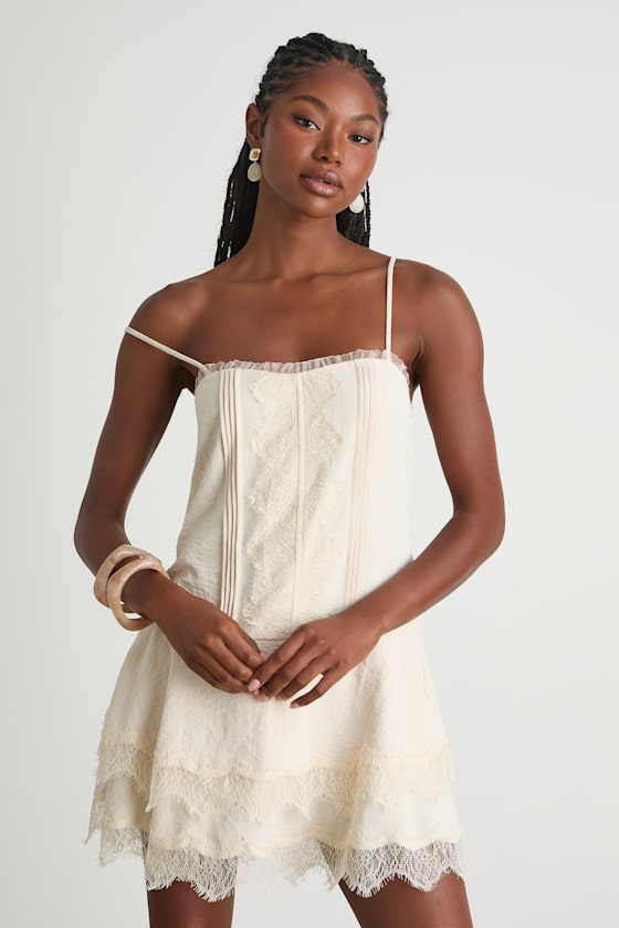 Sahima Cream Lace Tiered Mini Dress