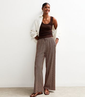 Brown Striped Drawstring Waist Wide Leg Trousers