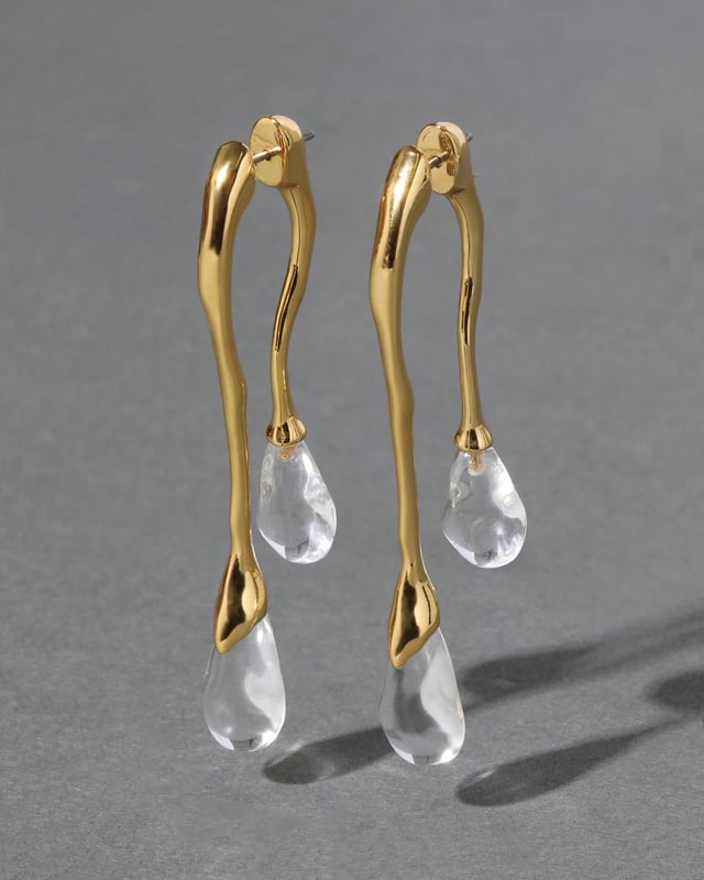 Lucite Gold Front Back Double Drop Earring- Clear