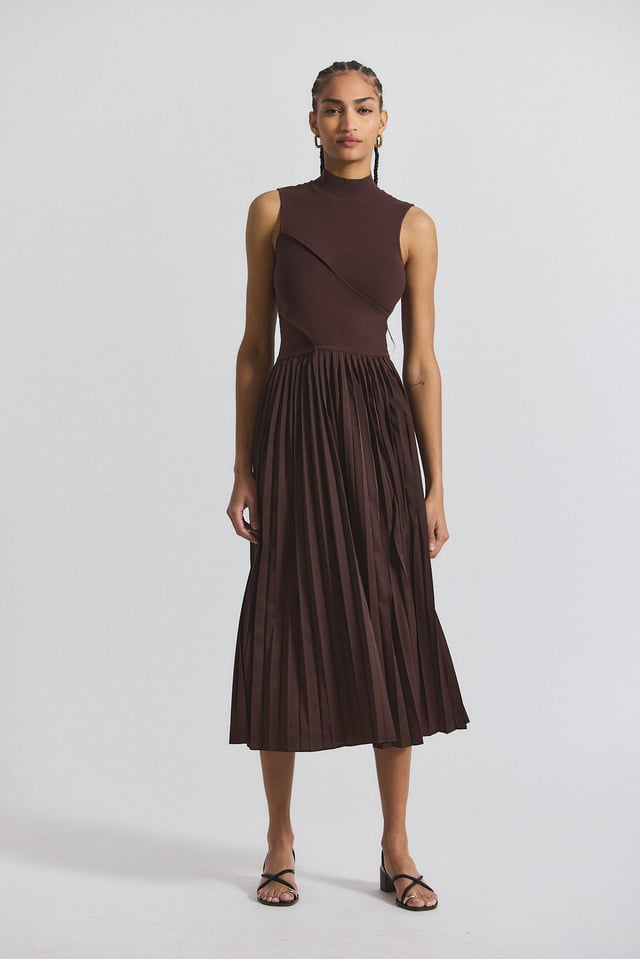 Maizie Mock Neck Sleeve Pleated Sweater Dress - Chocolate