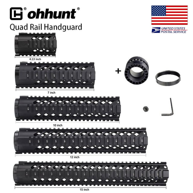ohhunt® AR15 Free Float Quad Rail Handguard with Barrel Nut 4" 7" 10" 12" 15" For .223 5.56 M16