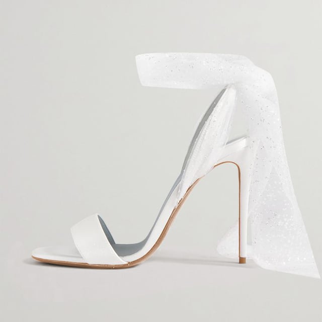 White Satin Ankle Strap Stiletto Heels Open Toe Wrapped Sandals