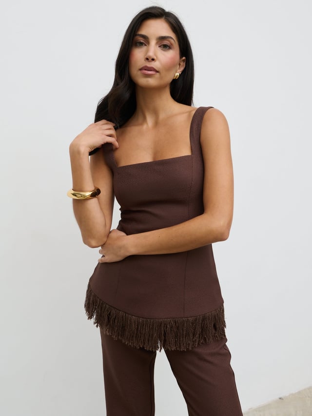 Verona Fringed Tweed Top - Brown