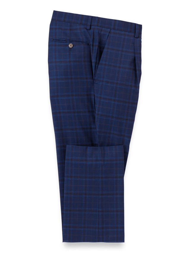 Wool Stretch Plaid Single Pleat Suit Pants - Blue