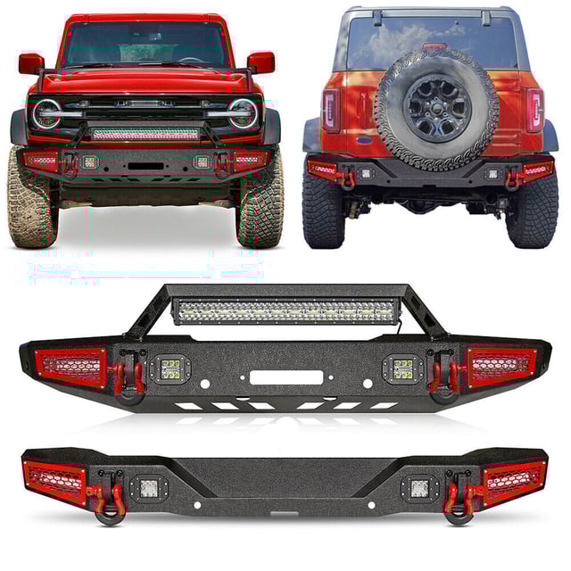 Ford Bronco Steel Front and Rear Bumpers Combo with Offroad Lights & D-rings &  Sensor Mounting Hole