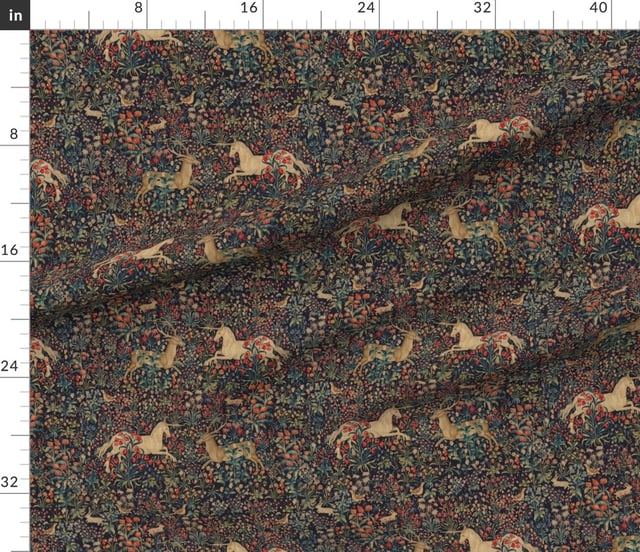 Fabric in Ancient Medieval Unicorn + Stag Midnight Floral Tapestry - MEDIUM