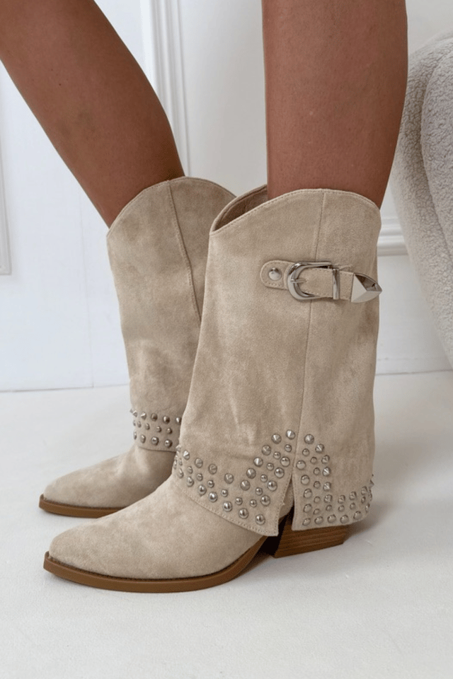 Cassi cream stud detail fold over heeled cowboy boots