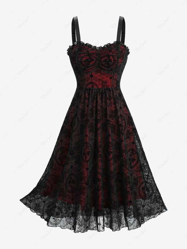 Gothic Flower Flocking Mesh Ruffles Ruched Tank Dress