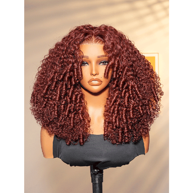 Cherry Cola Red Human Hair Glueless 250% Density Curly Wig Ready to Go Wig