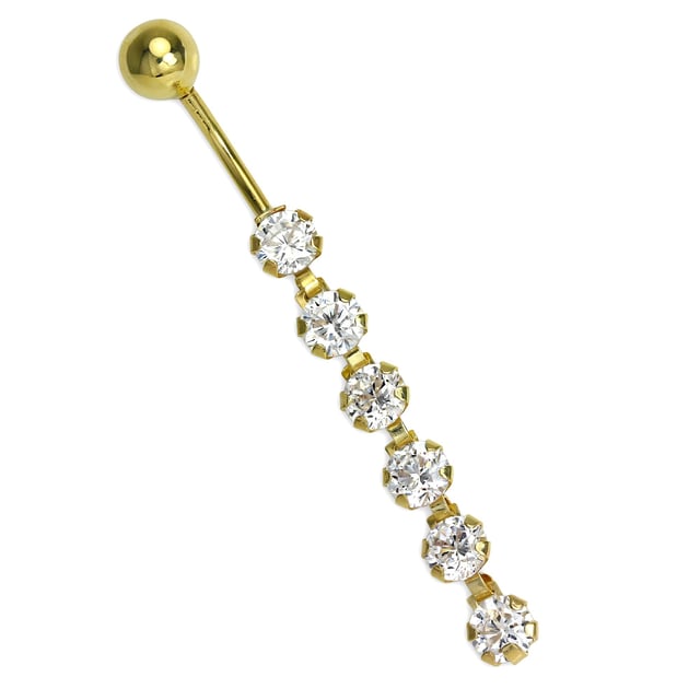 9ct Gold Belly Bar Piercing with 6 Round Clear CZ Crystal Drop