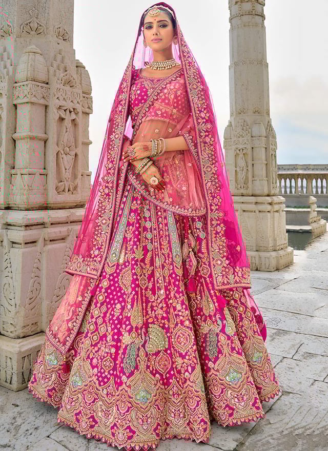 Experience Splendor In Rani Pink Silk Zari Embroidered Stone Sequins Lehenga Wedding Wear