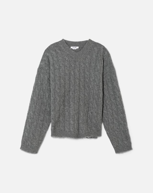 Cashmere Cable V Neck Pullover - Grey Heather