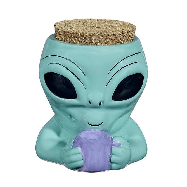 Alien Stash Jar – Ceramic Teal Alien with Lavender Mug, Perfect for 420 Parties