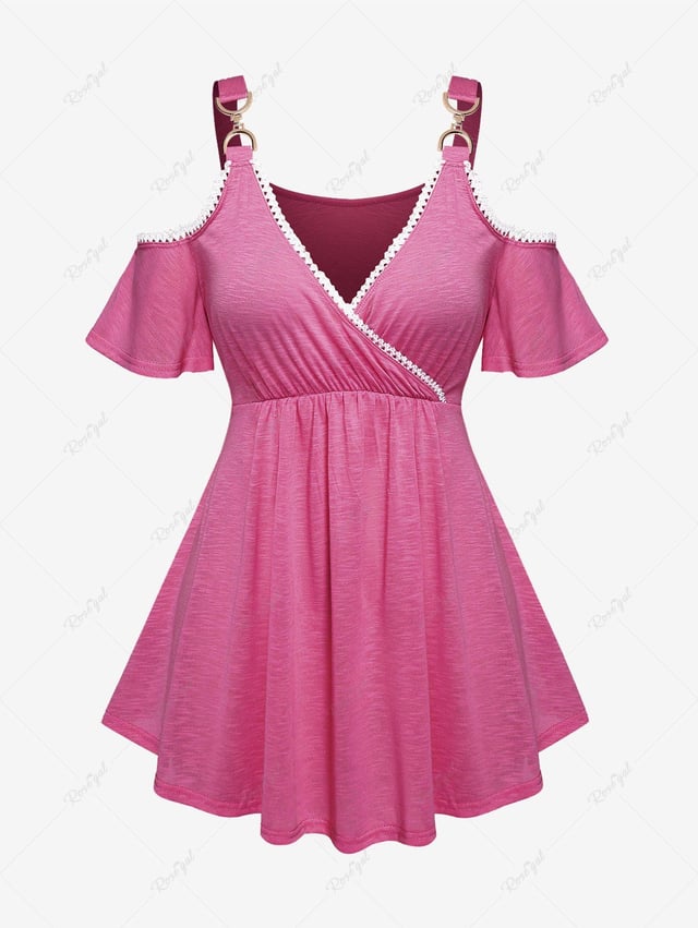 Plus Size Solid Color Cold Shoulder Surplice Short Sleeves T-Shirt