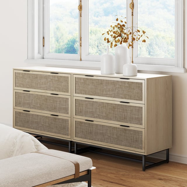 Rattan & Wood 3-Drawer Dressers Oak Set of 2
