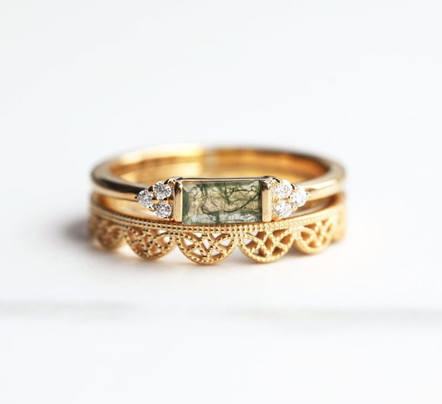 Ariana Baguette Moss Agate Ring Set