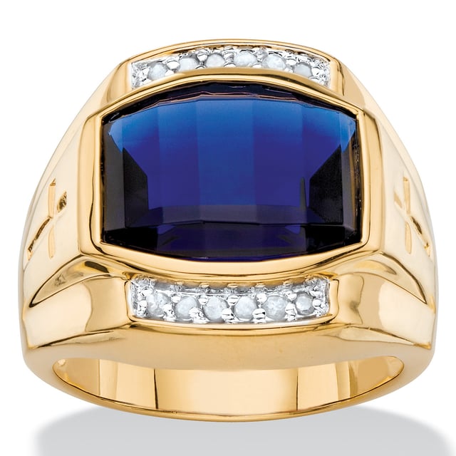 Men's 7.61 TCW Cushion-Cut Created Blue Sapphire and Diamond Ring Yellow Gold-Plated