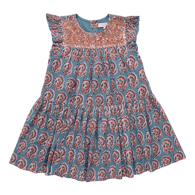 Girls Fiona Ruffle Dress - Blue Paisley