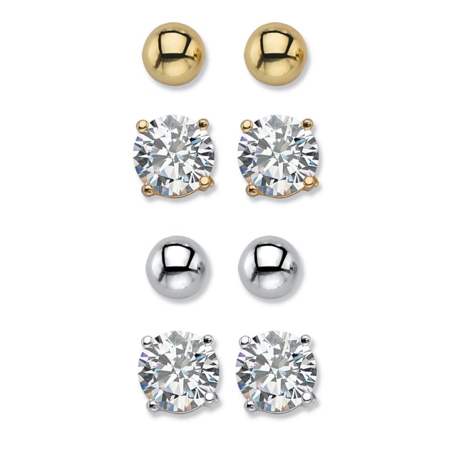 Round Cubic Zirconia and Ball 4-Pair Stud Earring Set 8 TCW Goldtone & Silvertone 