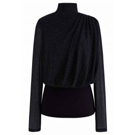 Gleam High Neck Spliced Ruched Top in Black