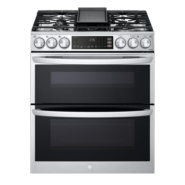 LG 30-in 5 Burners 2.6-cu ft / 4.3-cu ft Self-cleaning Air Fry Convection Oven Freestanding Smart Natural Gas Double Oven Gas Range (Printproof Stainless Steel)