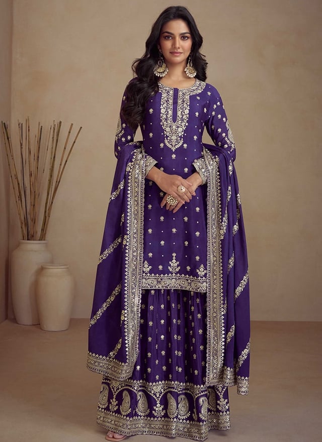 Radiant Purple Chinon Embroidered Sequins Palazzo Suit Festive Wear
