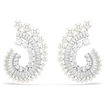 Ariana Grande x Swarovski drop earrings, Crystal Pearl, Mixed cuts, White, Rhodium plated