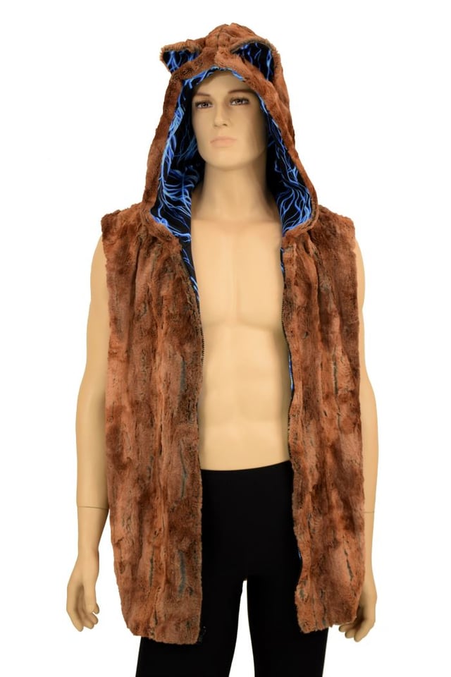 Mens Lion Ear Minky Faux Fur Hooded Vest