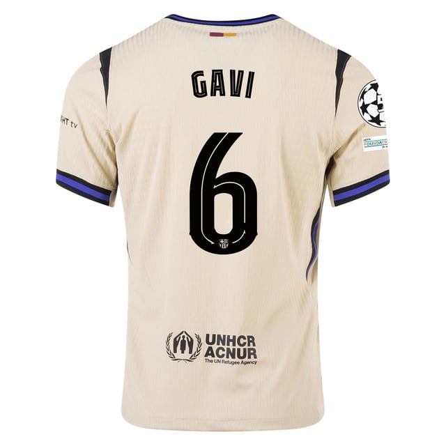 Nike Gavi Men's FC Barcelona Authentic Away Jersey w/ Champions League Patches (Team Gold/Persian Violet/Black)
