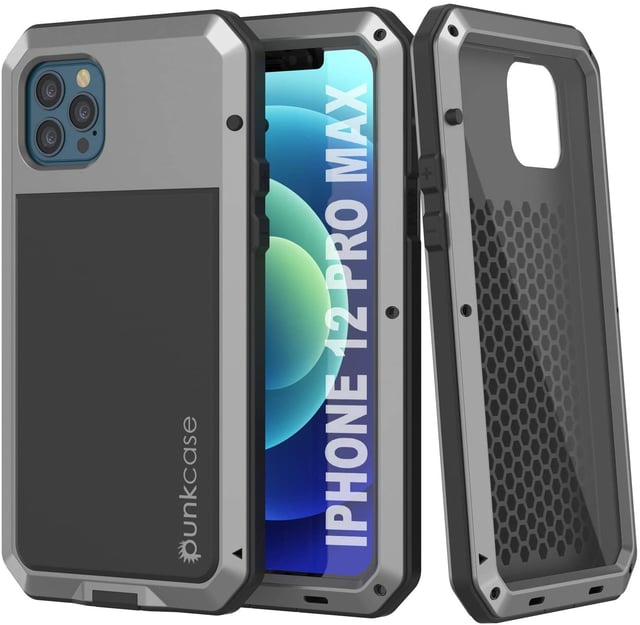 iPhone 12 Pro Max Metal Case, Heavy Duty Military Grade Armor Cover [shock proof] Full Body Hard [Silver]