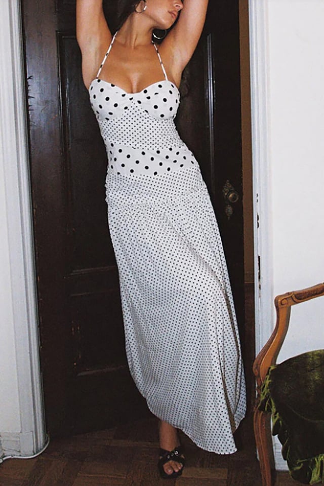 Polka Dot Print Cinch Waist Halterneck Maxi Dresses-White