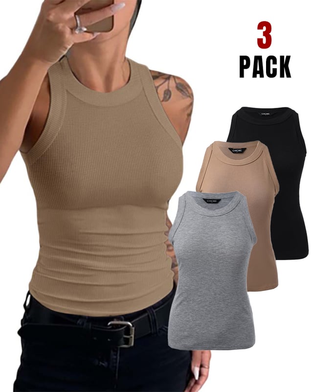 3-Pack Round Neck Knit Thick Strap Racerback Tank Tops