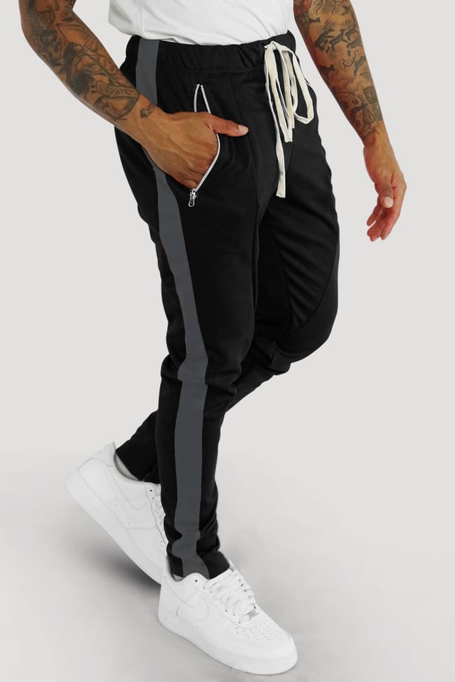 Premium Side Stripe Zip Pocket Track Pants (Black-Charcoal)