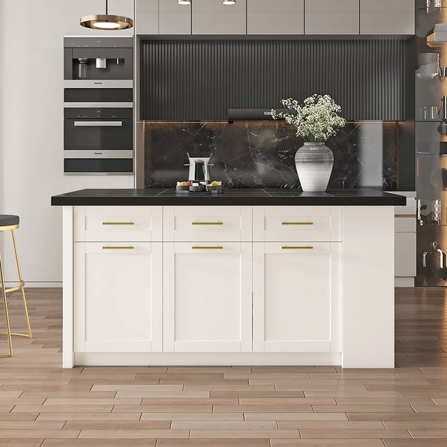 72" Large Black & White Kitchen Island with Storage Modern Kitchen Cabinet