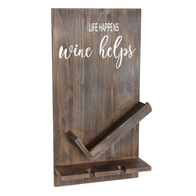 Elegant Designs Lucca Wall Mounted Wooden “Life Happens Wine Helps” Wine Bottle Shelf with Glass Holder, Restored Wood