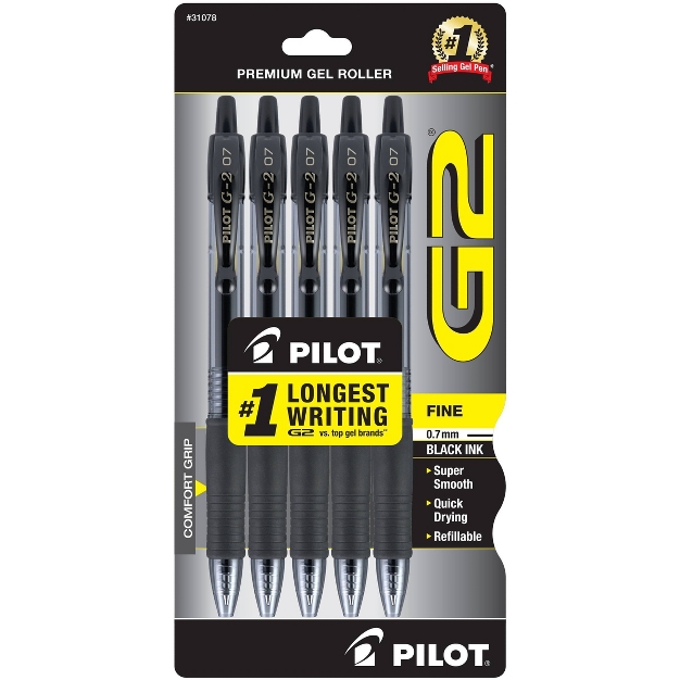 Pilot 5ct G2 Gel Pens Fine Point 0.7mm Black Ink