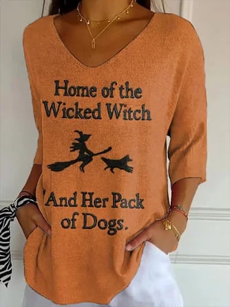 Casual Halloween V Neck Three Quarter Sleeve T-shirt