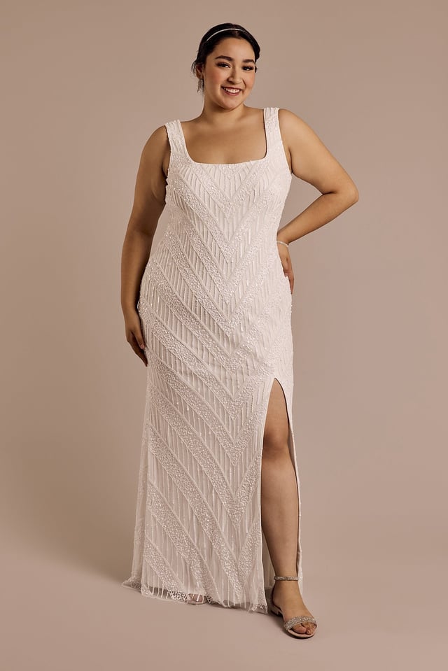 Square Neck Beaded Sheath Wedding Dress