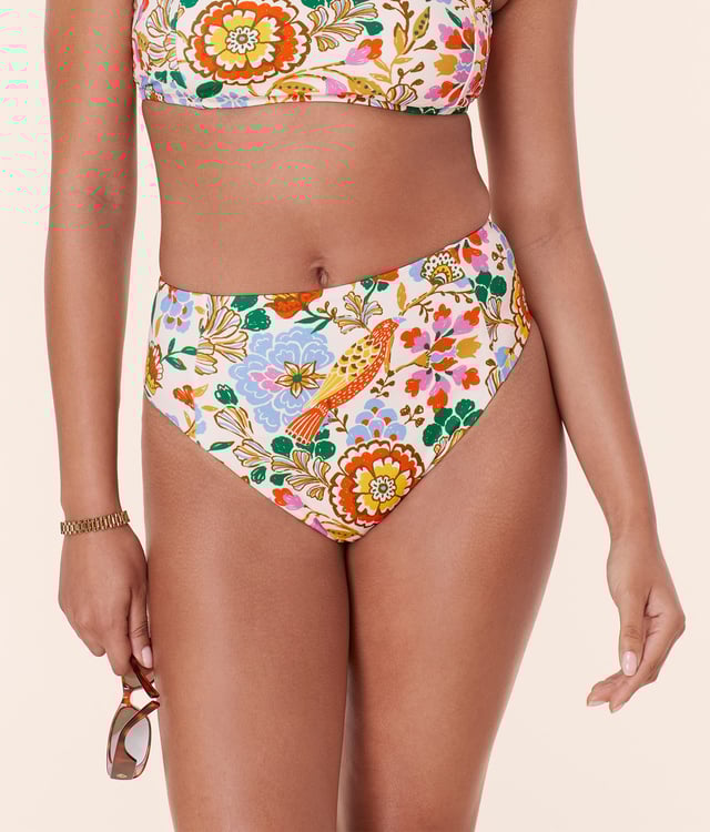 The High Waist Cheeky Bikini Bottom - Eco Nylon - Bird Floral