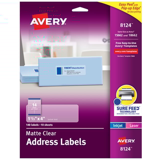 Address Labels, 1-1/3" x 4", Matte Clear 8124 | Avery